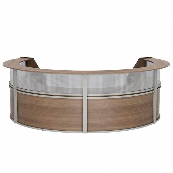 Curved Reception Desk 4 Units, Clear Panel, 142 inW x 107 inD, N. Walnut
